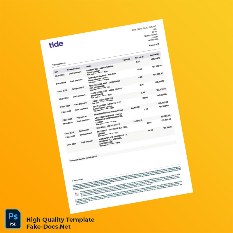 UK Tide Bank Statement Template in Word and PDF formats 3 page UK Tide Bank Statement Template in Word and PDF formats 3 page