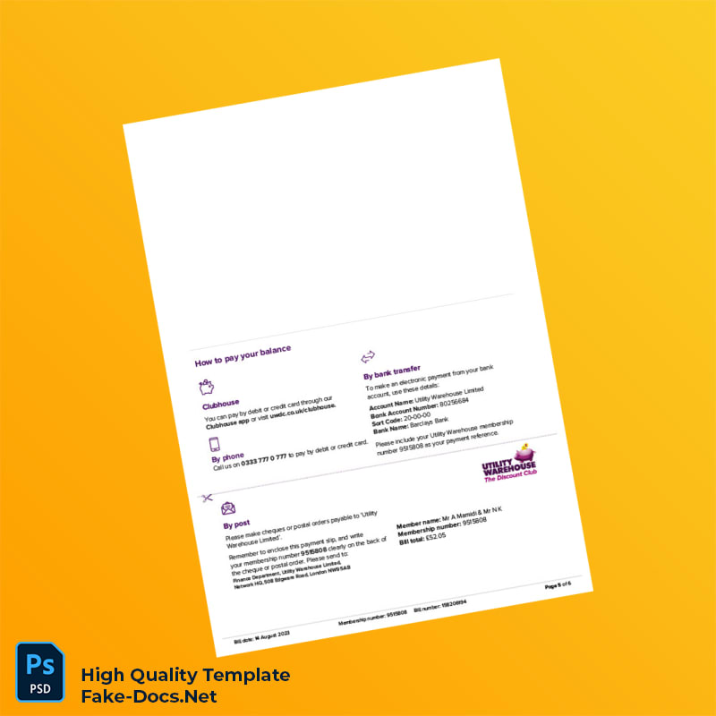 UK Utility Warehouse Ltd Editable Energy Bill Template in Word and PDF formats 6 page UK Utility Warehouse Ltd Editable Energy Bill Template in Word and PDF formats 6 page