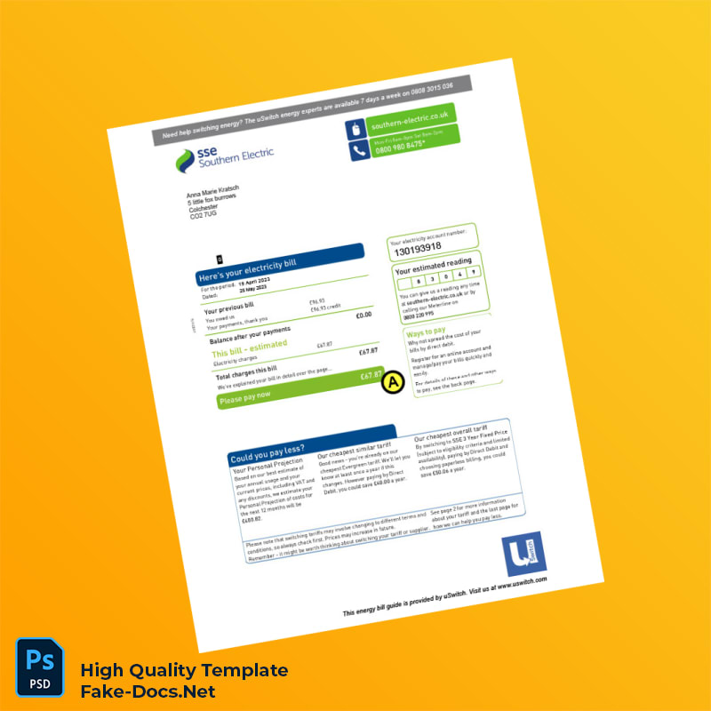 UK uSwitch Editable Electricity Bill Template in Word and PDF formats UK uSwitch Editable Electricity Bill Template in Word and PDF formats