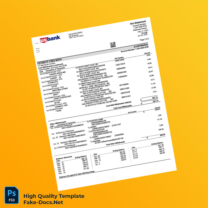 US U S Bank Statement Template in Word and PDF formats 3 page US U S Bank Statement Template in Word and PDF formats 3 page