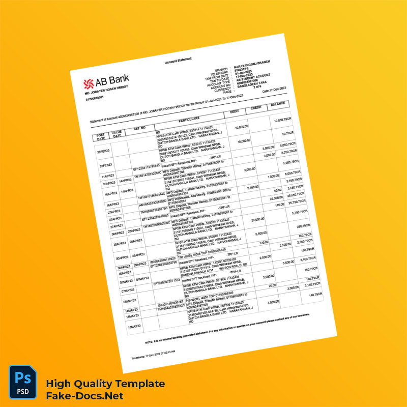 USA AB Bank Statement Template in Word and PDF formats 6 page USA AB Bank Statement Template in Word and PDF formats 6 page