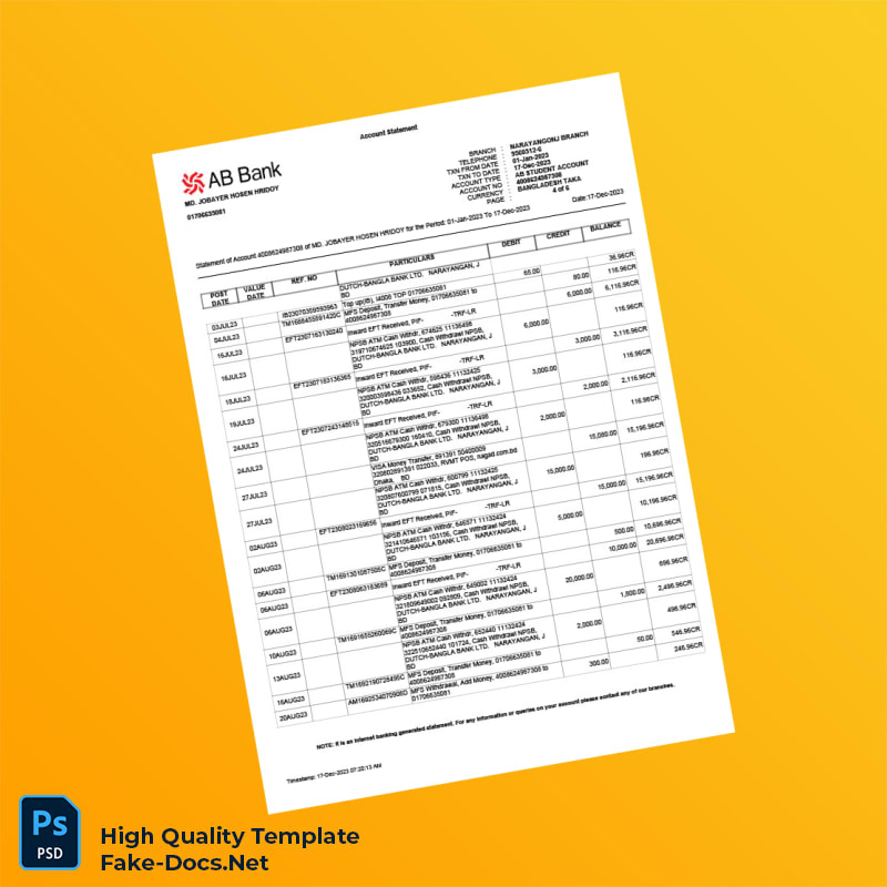 USA AB Bank Statement Template in Word and PDF formats 6 page USA AB Bank Statement Template in Word and PDF formats 6 page