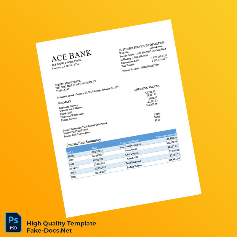 USA ACE BANK Bank Statement Template in Word and PDF formats USA ACE BANK Bank Statement Template in Word and PDF formats