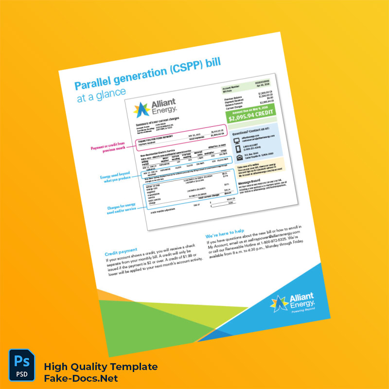USA Alliant Energy Editable Parallel Generation CSPP Bill Template in Word and PDF formats 2 page USA Alliant Energy Editable Parallel Generation CSPP Bill Template in Word and PDF formats 2 page