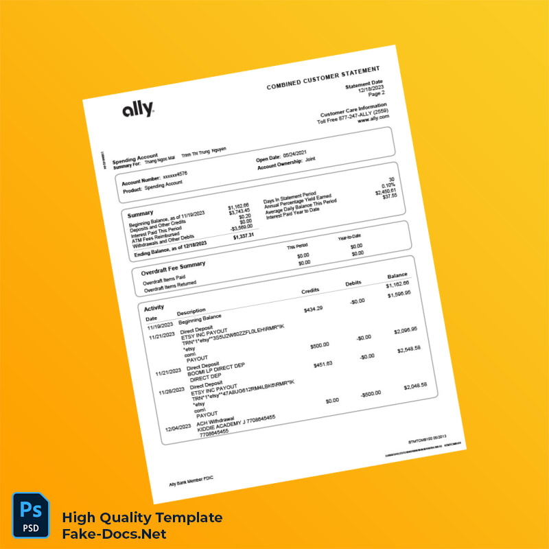 USA Ally Bank Combined Customer Statement Template in Word and PDF formats 4 page USA Ally Bank Combined Customer Statement Template in Word and PDF formats 4 page