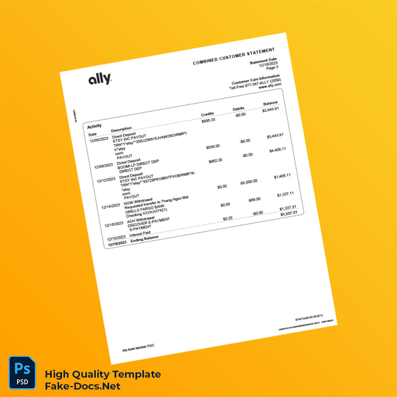 USA Ally Bank Combined Customer Statement Template in Word and PDF formats 4 page USA Ally Bank Combined Customer Statement Template in Word and PDF formats 4 page