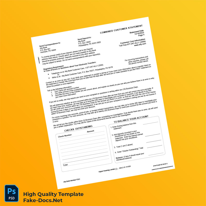 USA Ally Bank Combined Customer Statement Template in Word and PDF formats 4 page USA Ally Bank Combined Customer Statement Template in Word and PDF formats 4 page