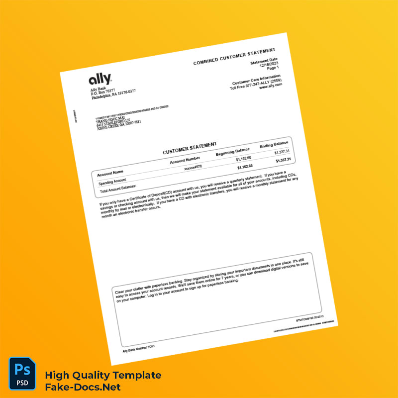 USA Ally Bank Combined Customer Statement Template in Word and PDF formats 4 page USA Ally Bank Combined Customer Statement Template in Word and PDF formats 4 page