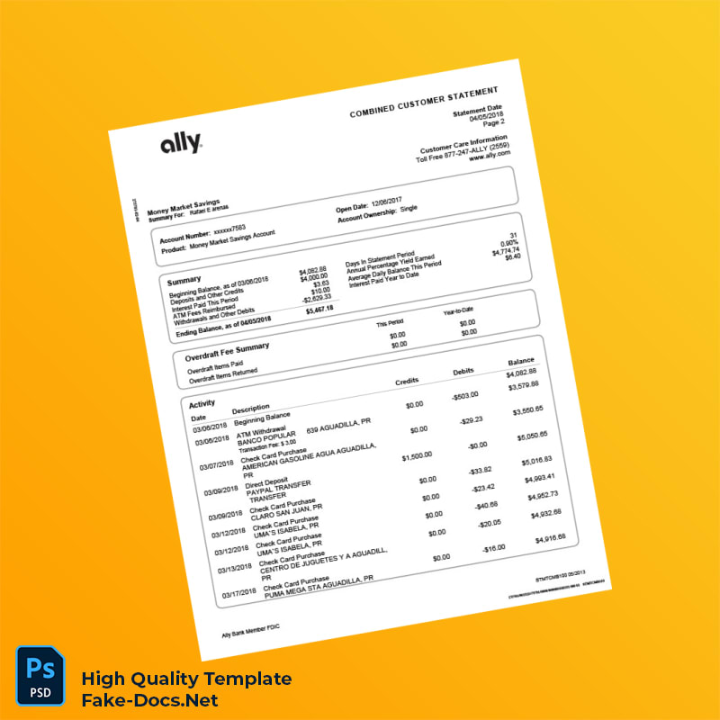 USA Ally Bank Statement Template in Word and PDF formats 4 page USA Ally Bank Statement Template in Word and PDF formats 4 page