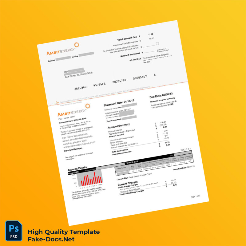 USA Ambit Energy Editable Electricity Bill Template in Word and PDF formats 3 page USA Ambit Energy Editable Electricity Bill Template in Word and PDF formats 3 page