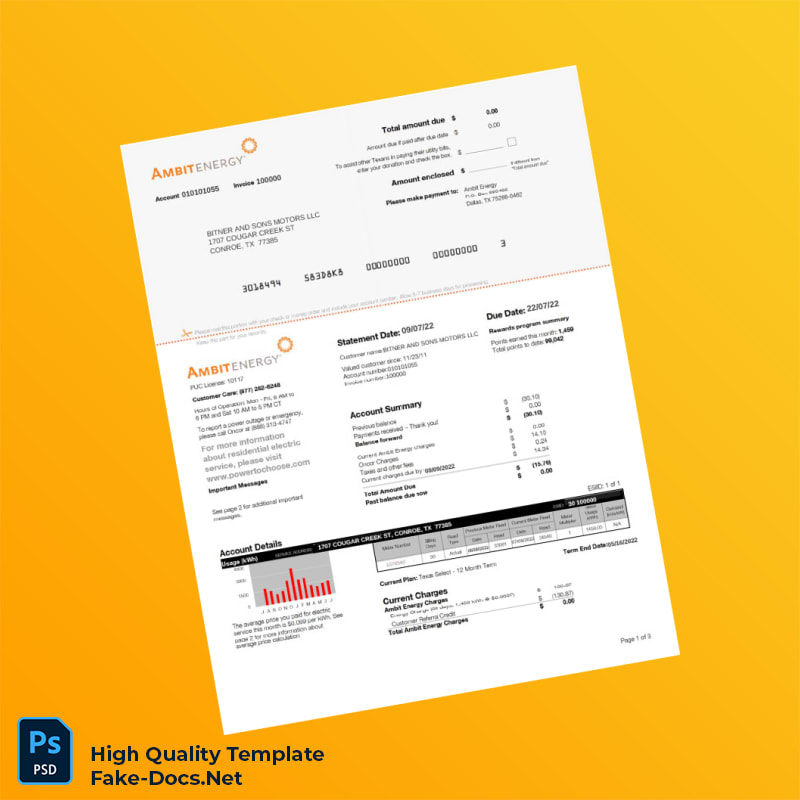 USA Ambit Energy Editable Utility Bill Template in Word and PDF formats USA Ambit Energy Editable Utility Bill Template in Word and PDF formats