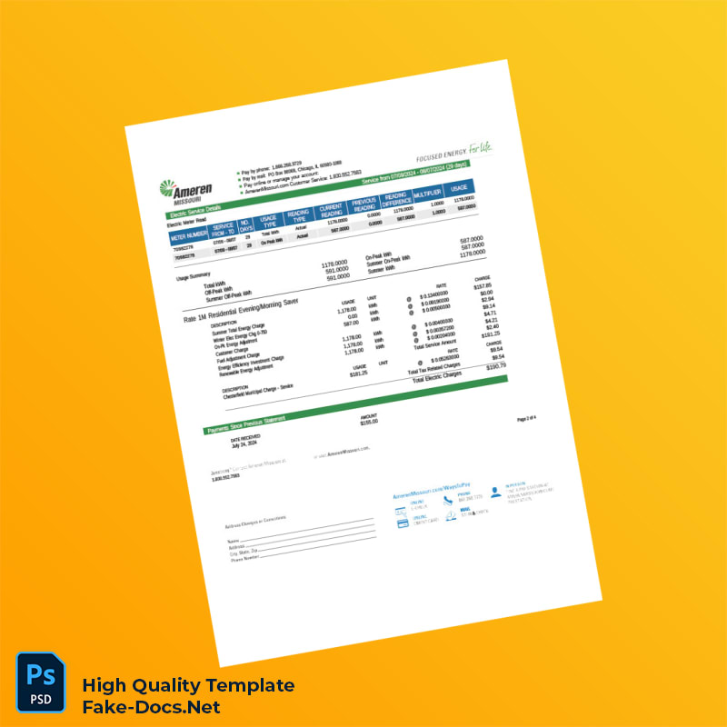 USA Ameren Editable Utility Bill Template in Word and PDF formats 4 page USA Ameren Editable Utility Bill Template in Word and PDF formats 4 page