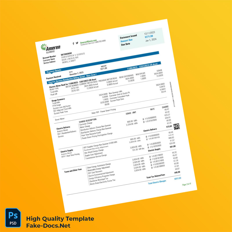 USA Ameren Illinois Editable Utility Bill Template in Word and PDF formats 4 page USA Ameren Illinois Editable Utility Bill Template in Word and PDF formats 4 page