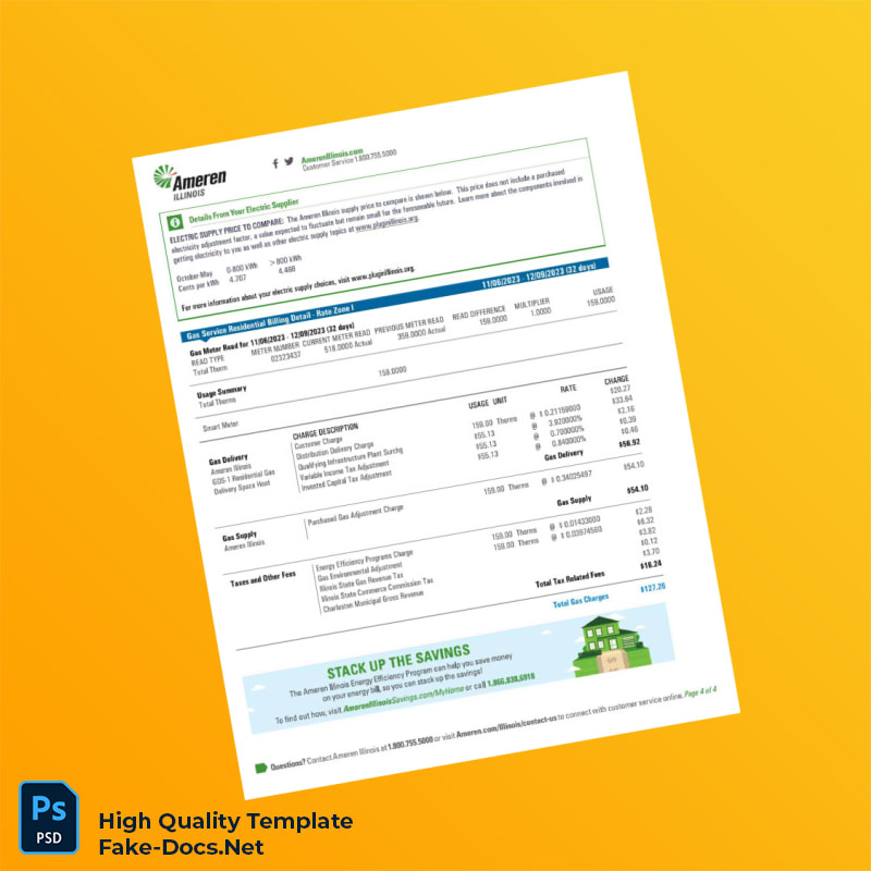 USA Ameren Illinois Editable Utility Bill Template in Word and PDF formats 4 page USA Ameren Illinois Editable Utility Bill Template in Word and PDF formats 4 page