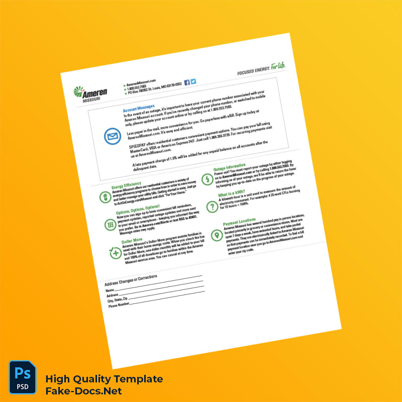 USA Ameren Missouri Editable Electricity Bill Template in Word and PDF formats 2 page USA Ameren Missouri Editable Electricity Bill Template in Word and PDF formats 2 page