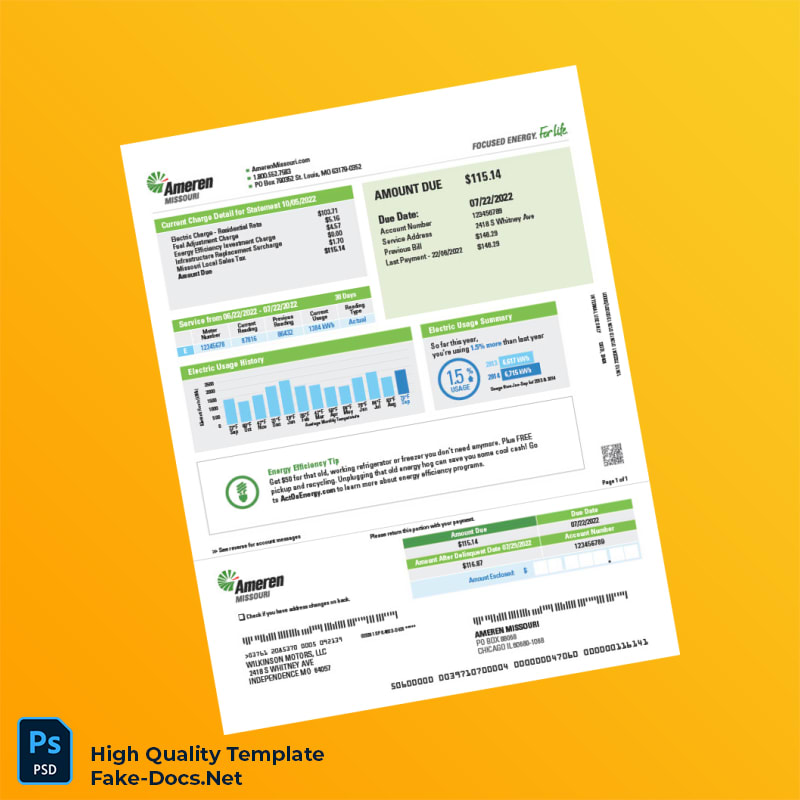 USA Ameren Missouri Editable Electricity Bill Template in Word and PDF formats 2 page USA Ameren Missouri Editable Electricity Bill Template in Word and PDF formats 2 page