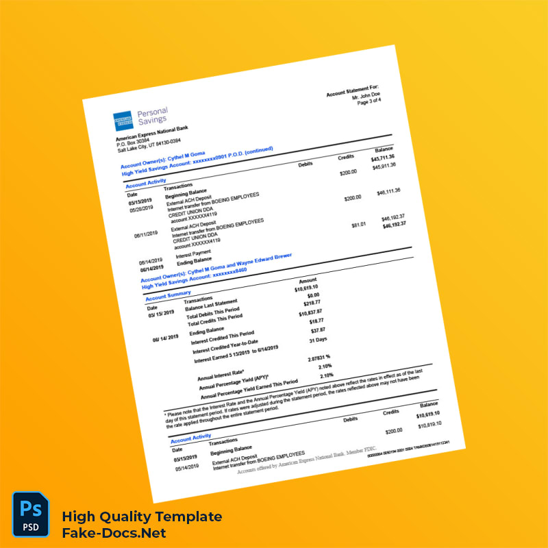 USA American Express Bank Statement Template in Word and PDF formats 5 page USA American Express Bank Statement Template in Word and PDF formats 5 page