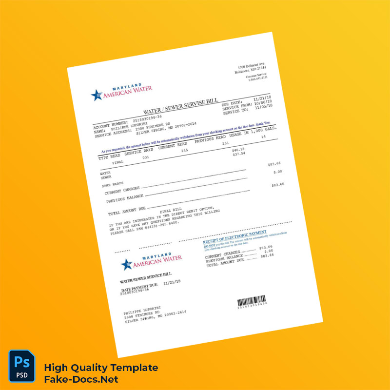 USA American Water Editable Water_Sewer Service Bill Template in Word and PDF formats USA American Water Editable Water_Sewer Service Bill Template in Word and PDF formats