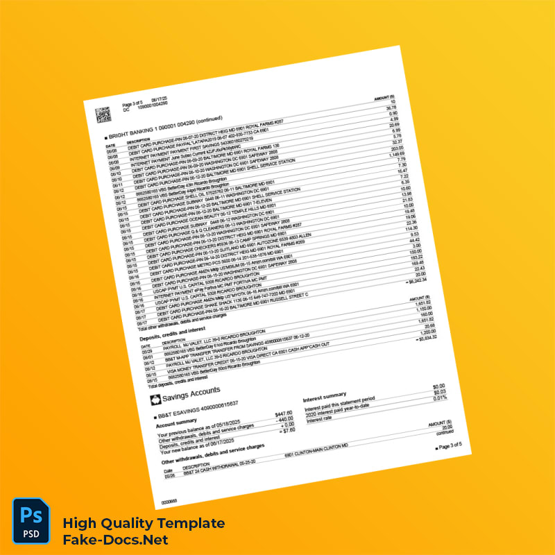 USA BBT Bank Statement Template in Word and PDF formats 5 page USA BBT Bank Statement Template in Word and PDF formats 5 page