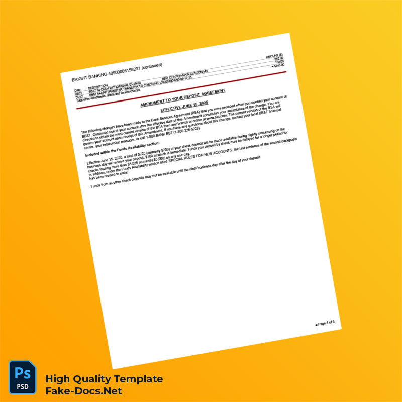 USA BBT Bank Statement Template in Word and PDF formats 5 page USA BBT Bank Statement Template in Word and PDF formats 5 page