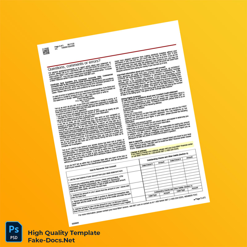 USA BBT Bank Statement Template in Word and PDF formats 5 page USA BBT Bank Statement Template in Word and PDF formats 5 page