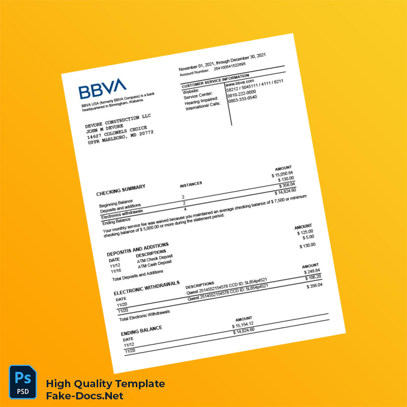 USA BBVA Bank Statement Template in Word and PDF formats 2 page USA BBVA Bank Statement Template in Word and PDF formats 2 page