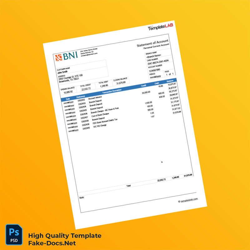 USA BNI Bank Statement Template in Word and PDF formats USA BNI Bank Statement Template in Word and PDF formats