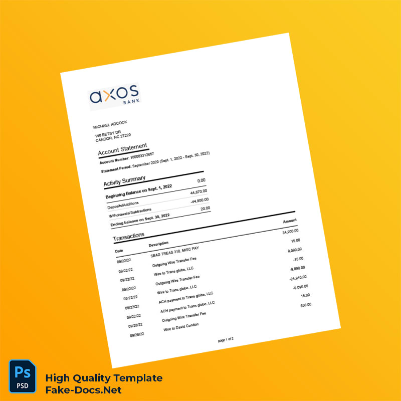 USA Bancorp Bank Account Statement Template in Word and PDF formats 2 page USA Bancorp Bank Account Statement Template in Word and PDF formats 2 page