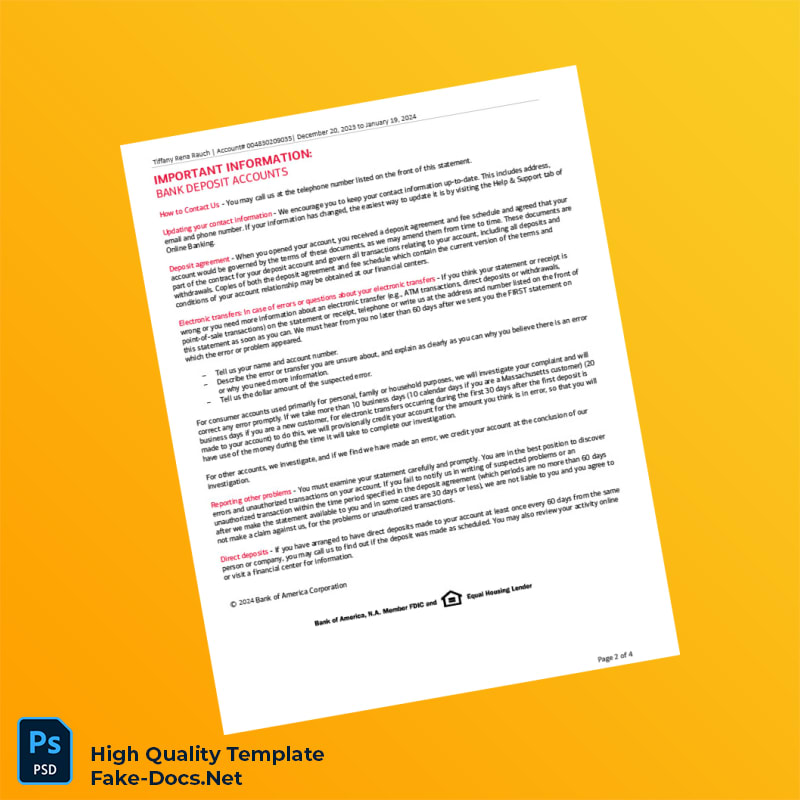 USA Bank of America Account Statement Template in Word and PDF formats 4 page USA Bank of America Account Statement Template in Word and PDF formats 4 page