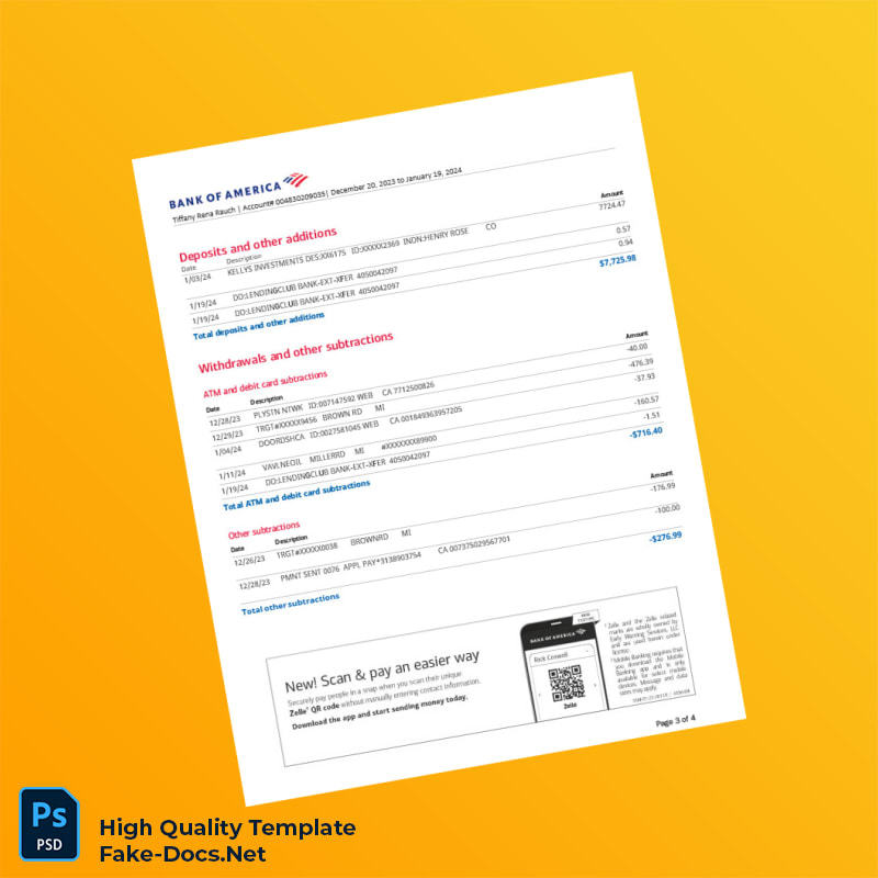USA Bank of America Account Statement Template in Word and PDF formats 4 page USA Bank of America Account Statement Template in Word and PDF formats 4 page