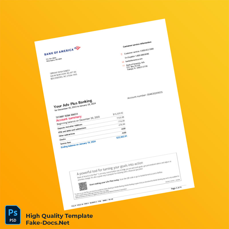 USA Bank of America Account Statement Template in Word and PDF formats 4 page USA Bank of America Account Statement Template in Word and PDF formats 4 page
