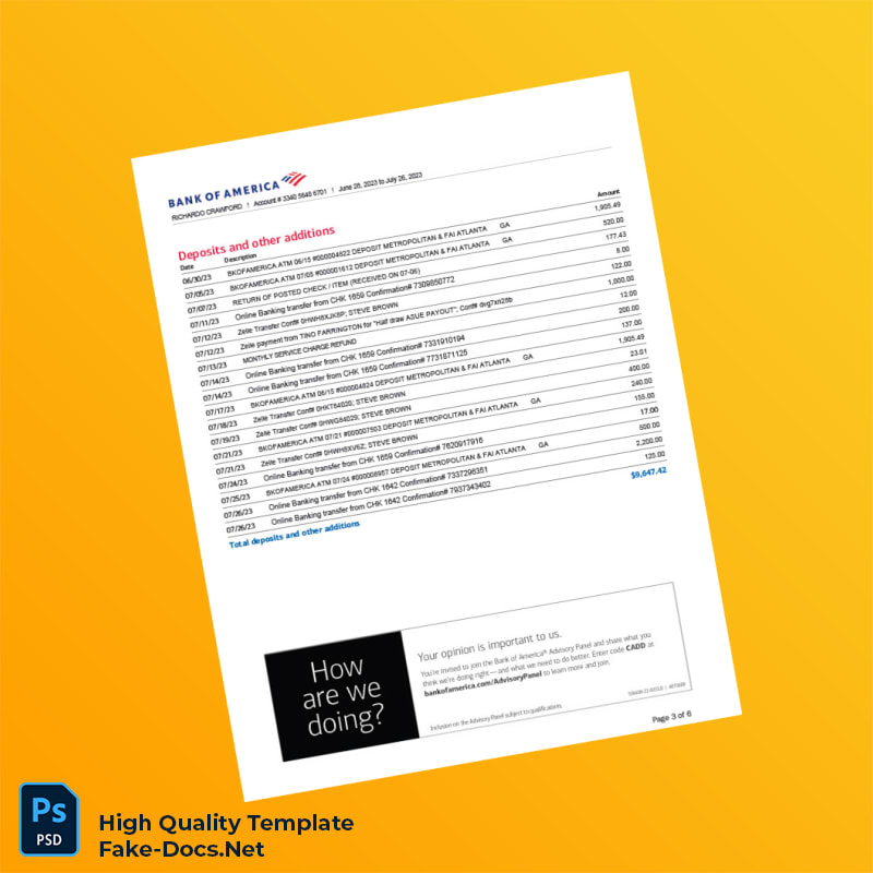 USA Bank of America Bank Statement Template in Word and PDF formats 6 page USA Bank of America Bank Statement Template in Word and PDF formats 6 page