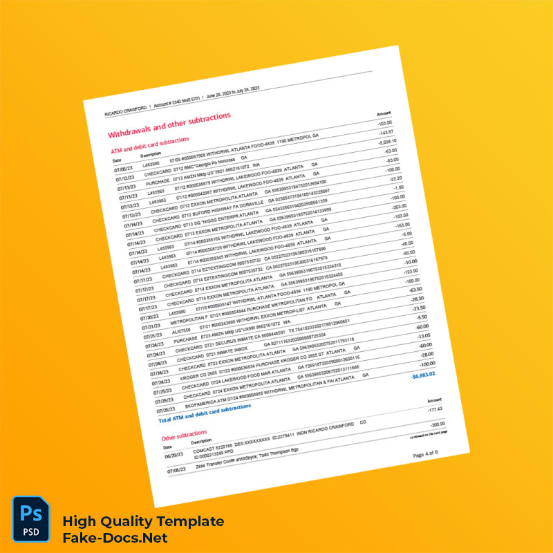 USA Bank of America Bank Statement Template in Word and PDF formats 6 page USA Bank of America Bank Statement Template in Word and PDF formats 6 page