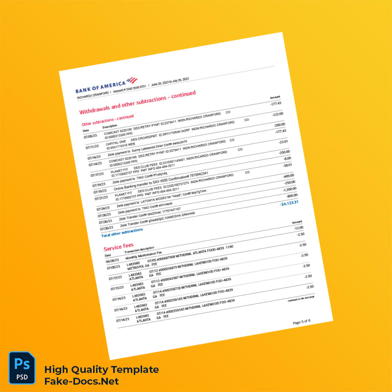 USA Bank of America Bank Statement Template in Word and PDF formats 6 page USA Bank of America Bank Statement Template in Word and PDF formats 6 page