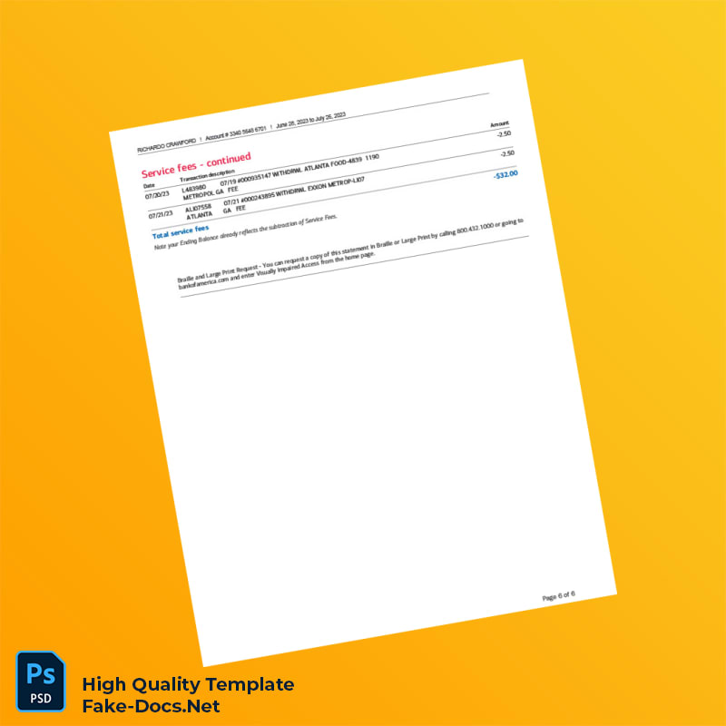USA Bank of America Bank Statement Template in Word and PDF formats 6 page USA Bank of America Bank Statement Template in Word and PDF formats 6 page