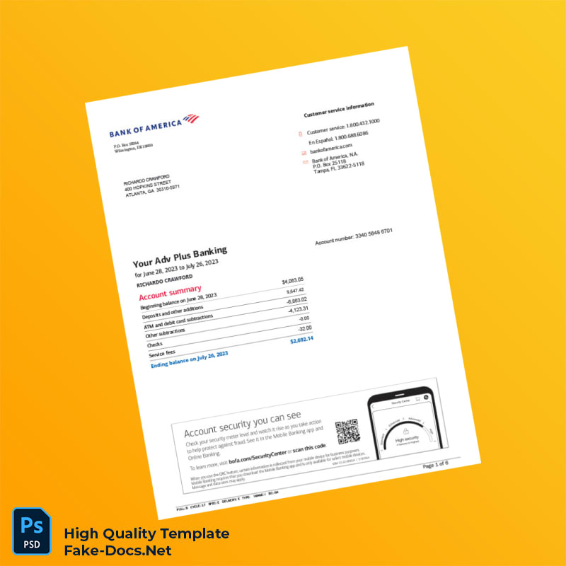 USA Bank of America Bank Statement Template in Word and PDF formats 6 page USA Bank of America Bank Statement Template in Word and PDF formats 6 page