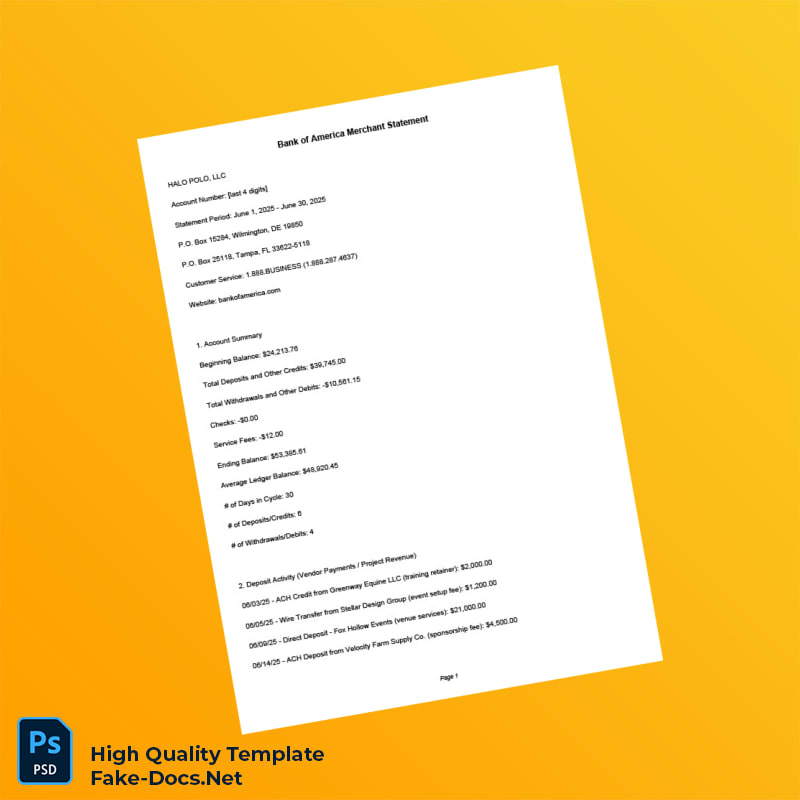 USA Bank of America Merchant Statement Template in Word and PDF formats 2 page USA Bank of America Merchant Statement Template in Word and PDF formats 2 page