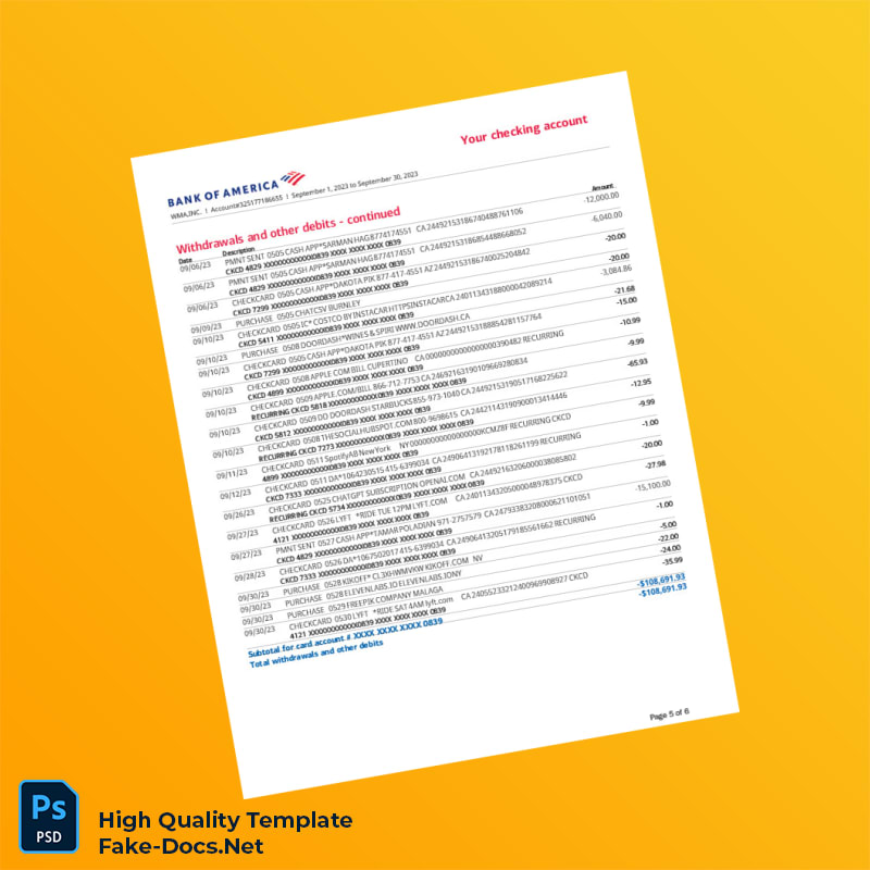 USA Bank of America Statement Template in Word and PDF formats 6 page USA Bank of America Statement Template in Word and PDF formats 6 page