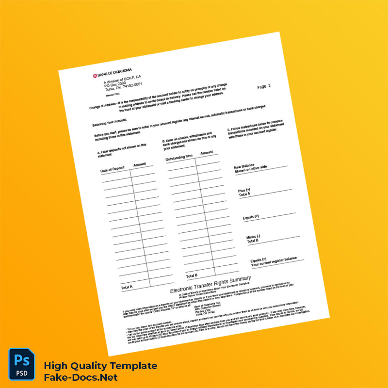 USA Bank of Oklahoma Bank Statement Template in Word and PDF formats 4 page USA Bank of Oklahoma Bank Statement Template in Word and PDF formats 4 page