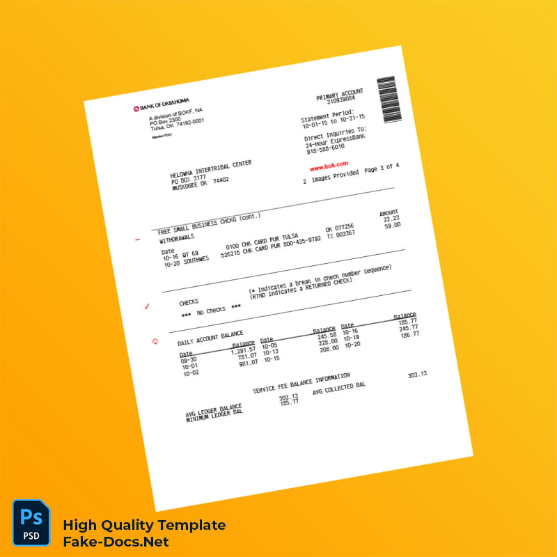 USA Bank of Oklahoma Bank Statement Template in Word and PDF formats 4 page USA Bank of Oklahoma Bank Statement Template in Word and PDF formats 4 page