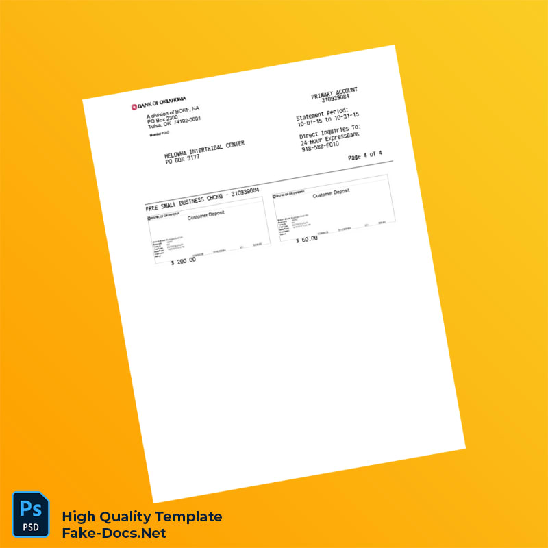 USA Bank of Oklahoma Bank Statement Template in Word and PDF formats 4 page USA Bank of Oklahoma Bank Statement Template in Word and PDF formats 4 page