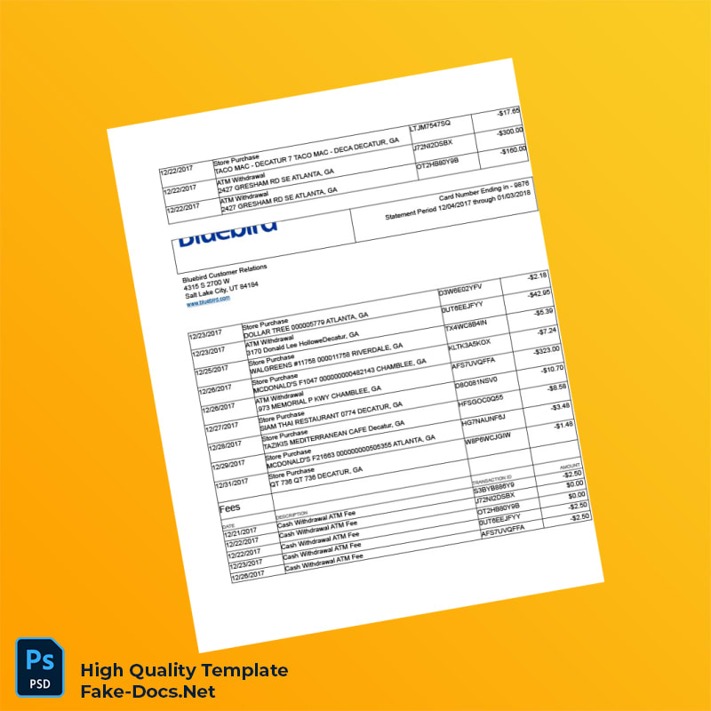 USA Bluebird Bank Statement Template in Word and PDF formats 3 page USA Bluebird Bank Statement Template in Word and PDF formats 3 page