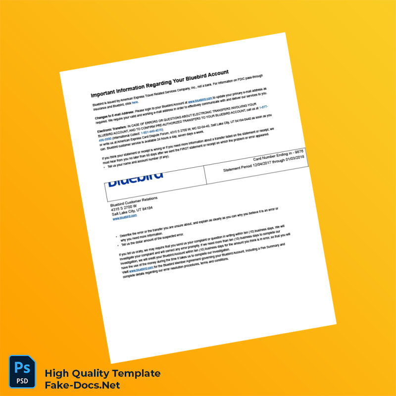 USA Bluebird Bank Statement Template in Word and PDF formats 3 page USA Bluebird Bank Statement Template in Word and PDF formats 3 page