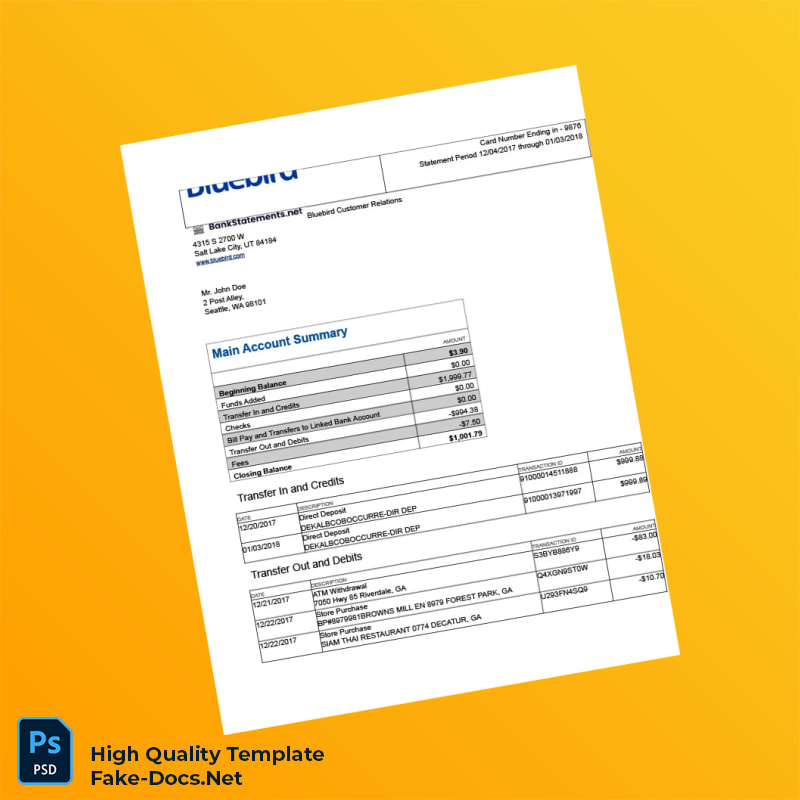USA Bluebird Bank Statement Template in Word and PDF formats 3 page USA Bluebird Bank Statement Template in Word and PDF formats 3 page