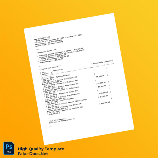USA Business Checking Bank Statement Template in Word and PDF formats ...