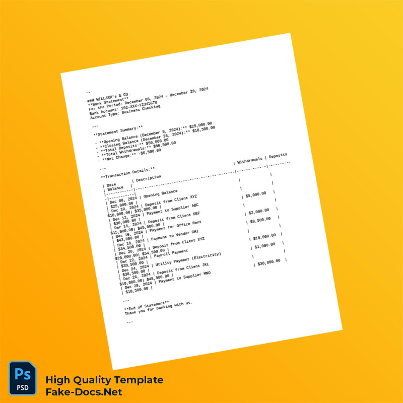 USA Business Checking Bank Statement Template in Word and PDF formats USA Business Checking Bank Statement Template in Word and PDF formats