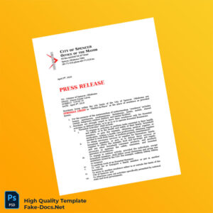 USA City of Spencer Editable Shelter-In-Place Press Release Template in Word and PDF formats 2 page