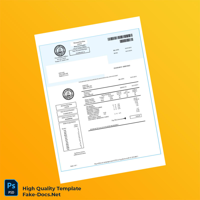 USA City of Tampa Utilities Editable Water Bill Template in Word and PDF formats USA City of Tampa Utilities Editable Water Bill Template in Word and PDF formats