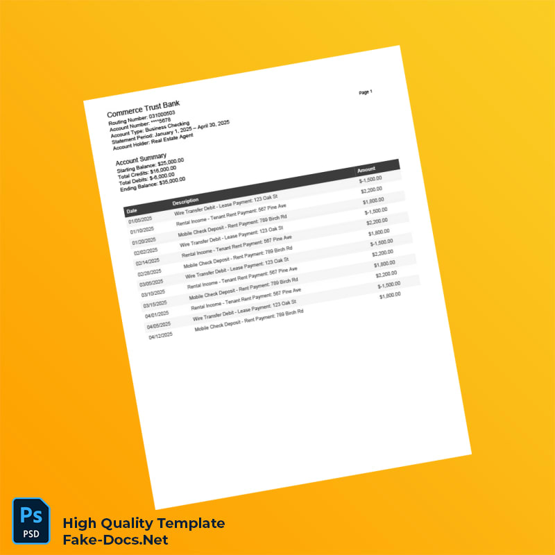 USA Commerce Trust Bank Bank Statement Template in Word and PDF formats 2 page USA Commerce Trust Bank Bank Statement Template in Word and PDF formats 2 page