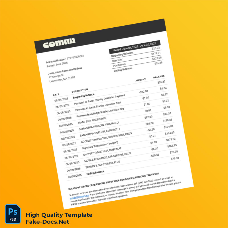 USA Community Federal Savings Bank Bank Statement Template in Word and PDF formats 2 page USA Community Federal Savings Bank Bank Statement Template in Word and PDF formats 2 page